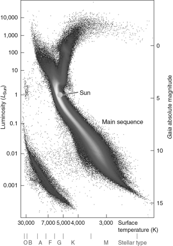 The figure below is an H-R diagram of 4 million stars from the Gaia satellite, with the main sequence labeled.What are the names and properties of the stars not found on the main sequence?  