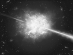 A gamma-ray burst (GRB) , such as the one in the figure below, may be responsible for some of Earth's mass extinctions.GRBs are hard to study because they   A)  can only happen in distant galaxies. B)  are rare, of short duration, and very narrow. C)  emit very few gamma rays. D)  only generate gravitational waves. E)  are long-lived but rotating.