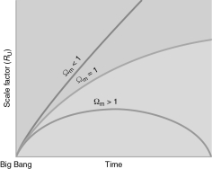 Explain, ignoring dark energy, how the figure below describes three different scenarios for the evolution of the universe.Be sure to explain the meaning of the scale factor, R<sub>U</sub>.  