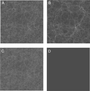 The figure below shows snapshots taken from the Bolshoi simulation of the formation of the large-scale structure in the universe.Which one of these images represents the state of the universe at the highest redshift?   A)  A B)  B C)  C D)  D E)  All of these occur at the same redshift, just in different regions of the universe.