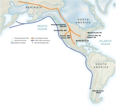   -Based on this map, scholarly theories reveal that the first inhabitants of the Americas arrived by . A)  crossing a land bridge from Asia or traveling by boat B)  sailing westward from Europe and Africa across the Atlantic Ocean C)  migrating north from the southernmost points of South America D)  journeying by boat from Greenland to the eastern coast of North America
