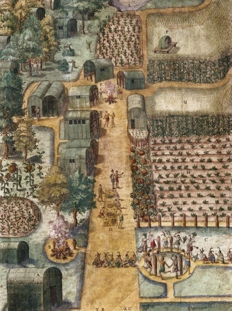   -Based on this engraving of the village of Secoton, how did the Eastern Woodland Indians differ from Mesoamerican Indians? A)  Their social structure was rigidly hierarchical. B)  They constructed large homes of adobe and stone. C)  Their food source was limited to hunting large game and gathering wild plants. D)  Their outlook was more communal than individualistic.