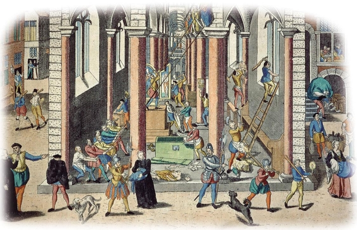 <strong> How does this illustration address one of the essential beliefs of Calvinism?</strong> A) All images were forms of idolatry that had to be purged. B) God had destined people for salvation before birth. C) The true church was embodied by an elect. D) The damned could find salvation through good works.