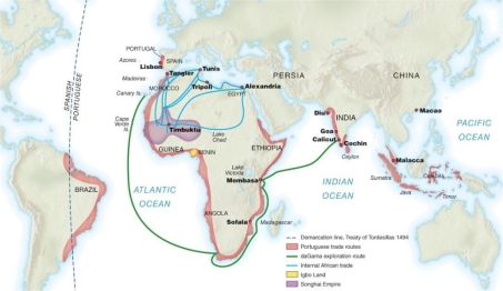   -According to the map, how did Portugal establish more direct trading networks with Asia? A)  by sailing around Africa B)  through existing Mediterranean sea routes C)  along overland routes across the Middle East D)  by sailing west across the Atlantic Ocean