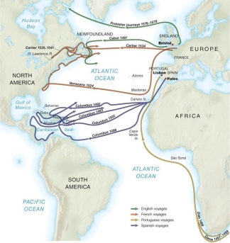   -This map shows that in the exploration of the Atlantic world . A)  European nations each took different routes B)  the Caribbean Sea was in the control of the French C)  Europeans lost interest in exploration after the beginning of the sixteenth century D)  The English and French collaborated in exploring North America