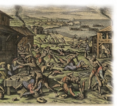   -What message about the English in Virginia does Theodore de Bry convey through this engraving of an Indian massacre? A)  The English were civilized people in the wilderness as shown by the walled city and tablecloth. B)  The English were fierce warriors against neighboring Indians as illustrated by the hatchet in the foreground. C)  The primary concern for the English was Christianizing the Indians as depicted by the church within the walled city. D)  Virginia was a hospitable place for additional settlers as exemplified by the number of women shown in the engraving.