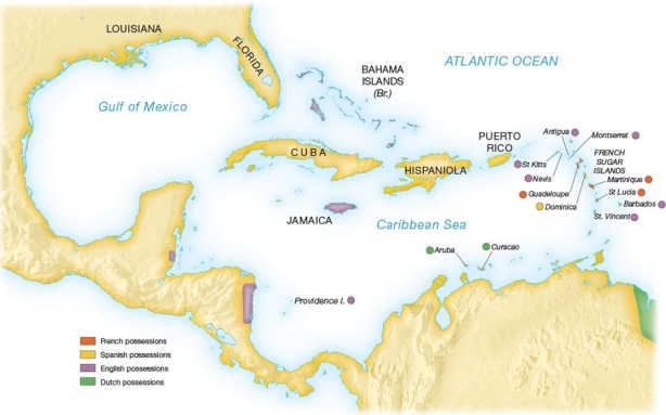   -The presence of rival colonial European powers on the Caribbean  sugar islands  showed that . A)  England controlled the larger islands in this region B)  French possessions were found both in the Caribbean and in Mexico and Central America C)  these European nations gained, exchanged, and lost colonial possessions through warfare D)  Portugal acquired some of the smaller islands through diplomacy