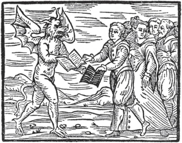   -The idea of individuals entering into a contract with Satan as shown in this woodcut is parallel to . A)  Puritan views on the lower status of women B)  the Puritans' covenant with God C)  perceptions of Indians torturing settlers on the frontier D)  beliefs that wealthy people were unreligious and wicked