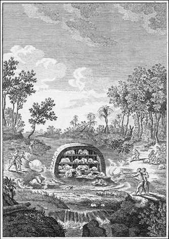   -How does this image of Indians hunting beaver in the woodlands of the Eastern United States embody the theory of mercantilism? A)  Colonists strengthened their own economies by producing their own hats. B)  Beaver pelts were traded within the colonies for agricultural products. C)  Beaver pelts trapped by Indians were exported to England for the production of hats. D)  Hunting and trapping of beavers made it an endangered species in North America.