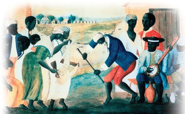 <strong> What evidence found in this illustration shows how American slaves used African customs and traditions as a form of cultural expression? </strong> A) Both the style of dance and the use of the banjo had their roots in African musical traditions. B) Clothing was based on traditional styles of African outfits. C) The slave quarters were laid out in a pattern unique to African settlements. D) The application of vibrant colors was an exclusive practice related to African artwork.