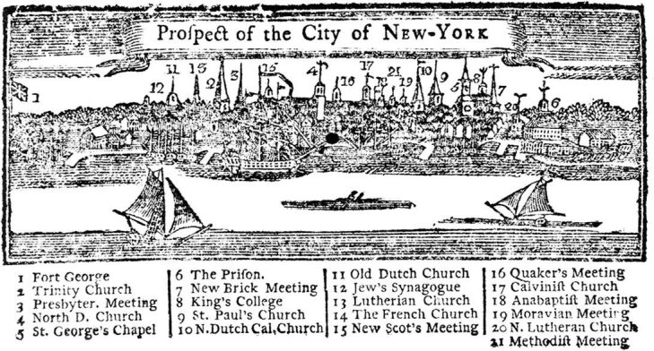   -This engraving of the New York skyline revealed that this city . A)  lacked a seaport B)  depended on walled fortifications to defend itself C)  was divided along ethnic lines D)  tolerated different forms of religion