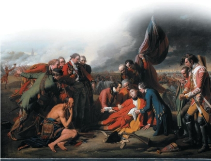   -Benjamin West's depiction of the death of General James Wolfe at the battle of Quebec reveals . A)  the consequences of collusion between the British and the Indians B)  religious imagery comparing the dying general to a crucified Christ C)  the massacre of British forces during the Seven Years War D)  a departure from European influence on American art