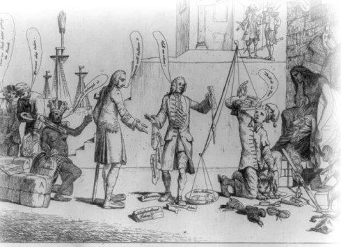 <strong> The scale in the cartoon The Great Financier is out of balance because .</strong> A) people in Britain were paying heavier taxes than Americans to manage their country's debt B) Britain's debts far outweighed its profits in administering the American colonies C) most of the taxes imposed by Britain were on the shipping industry D) Native Americans were required to pay more taxes than white colonists