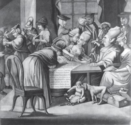 <strong> This British cartoon portrays American women from Edenton, North Carolina, who participated in the colonial boycott of tea as .</strong> A) weak and ineffective B) powerful politicians C) aspiring to usurp male authority D) insubordinate and lacking virtue