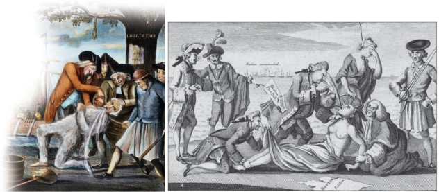 <strong> How are the pro-British cartoon showing a tarred-and-feathered customs official and Paul Revere's engraving The Able Doctor, or America Swallowing the Bitter Draught similar?</strong> A) They both show each side's perception of the Boston Tea Party. B) Each features allegorical figures that represent the colonies and Britain. C) Each shows its subject as the victim of cruel violence. D) They both portray Americans as crude and thuggish.