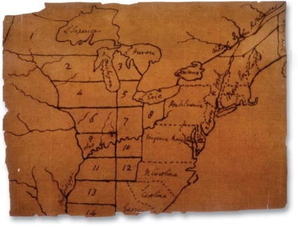   -How does Thomas Jefferson's map for the settlement of the west reflect Enlightenment thinking? A)  The territories are named for the heroes of the American Revolution. B)  The territories are arranged in a grid. C)  Natural features are disregarded in the borders of the territories. D)  The territories are much larger than the first thirteen states.