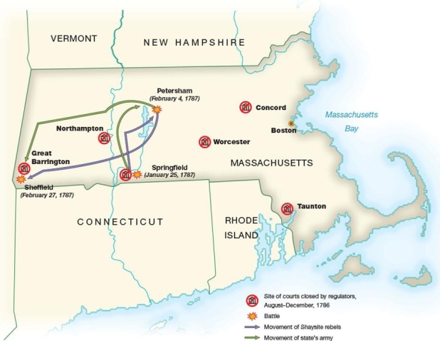   -This map shows that the movement of Shaysite rebels in Massachusetts was . A)  centered around Boston B)  limited to the western section of the state C)  along the coastal regions of Massachusetts Bay D)  prevalent across the entire state