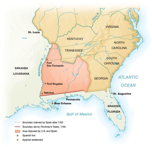   -This map shows that as a result of Pickney's Treaty with Spain in 1795, the United States A)  gained control of the southwestern territory disputed with Spain B)  settled the boundary between its southwestern region and Spanish Florida C)  acquired the city of New Orleans D)  received Florida from Spain