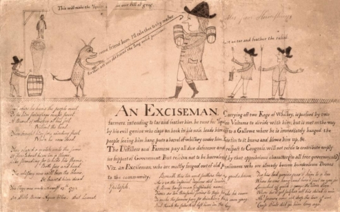   -Which word best describes the sentiment behind this cartoon supporting the Whiskey Rebellion? A)  sorrowful B)  vengeful C)  triumphant D)  cowardly