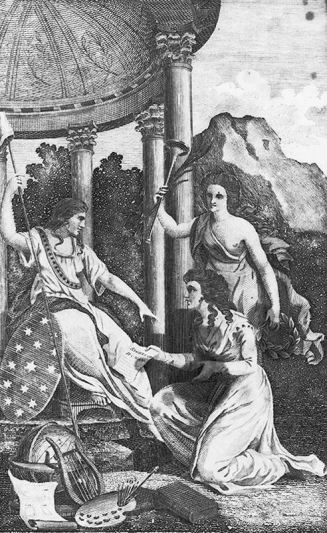   -The objects in the foreground presented by the kneeling creative muse of The Ladies' Magazine to the goddess of liberty are all symbols promoting . A)  a greater emphasis on women's education B)  women's suffrage C)  the abolition of slavery D)  the ideals of republican motherhood