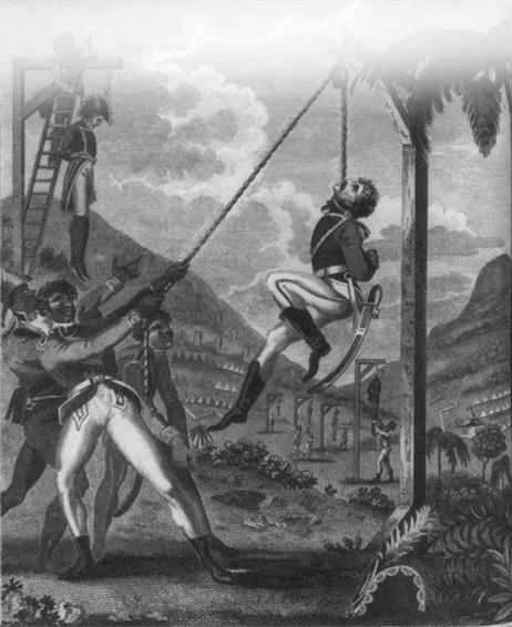   -In this image depicting former slaves taking their revenge on their French oppressors in Saint-Domingue, the black rebels are portrayed as . A)  rash B)  incompetent C)  cowardly D)  brutal