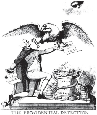   -How is Thomas Jefferson portrayed in this image drawn by a Federalist political cartoonist? A)  as someone who hates the French B)  as a traitor to American interests C)  as a pious and moralistic leader D)  as a heroic figure