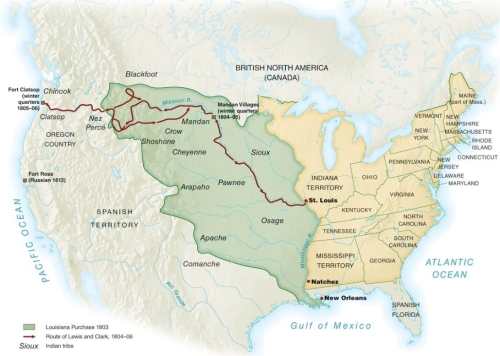 <strong> The map of the Louisiana Purchase and the Lewis and Clark expedition illustrates that</strong> A) most of the terrain that the expedition traversed was mountainous B) the lands crossed by the expedition were relatively uninhabited C) the expedition primarily followed waterways such as the Missouri River across the West D) the expedition trespassed into Spanish Territory