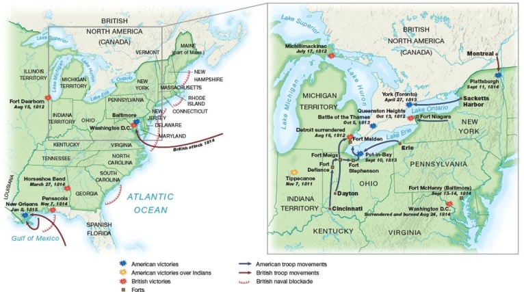   -The map showing battles and troop movements during the War of 1812 indicates that most of the major battles were fought in order to . A)  control Canada B)  secure the mouth of the Mississippi River C)  capture the American government in Washington, D. C. D)  break up the British blockade along the Atlantic seacoast