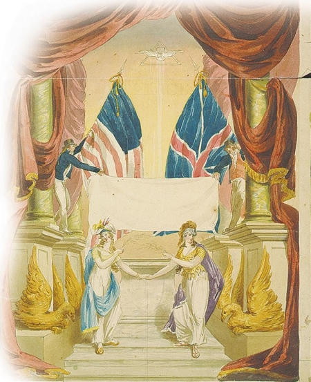 <strong> What emotions do this image depicting relations between the United States and Britain after the signing of the Treaty of Ghent convey?</strong> A) nostalgia and melancholia B) sadness and gloom C) belligerence and hostility D) harmony and respect