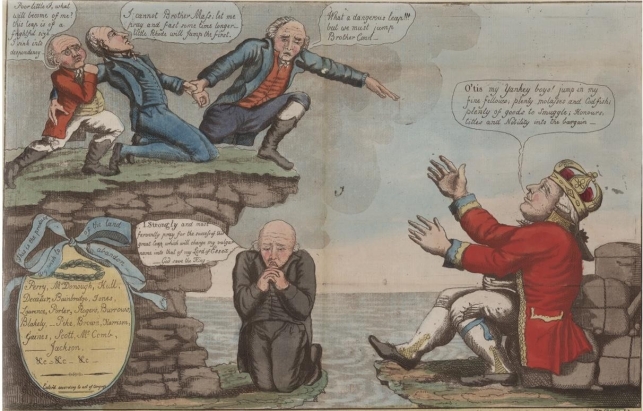   -What is implied by the depiction of the three Federalists in this cartoon ridiculing the Hartford Convention? A)  The men are kneeling, implying that three New England states were about to create a league of Puritan soldiers to fight Britain. B)  The men are at the edge of a cliff, implying that three New England states were on the verge of seceding from the Union. C)  The men are near the seacoast, implying that three New England states were dependent on a maritime economy. D)  The men are speaking out loud, implying that three New England states were holding a possibly treasonous constitutional convention.