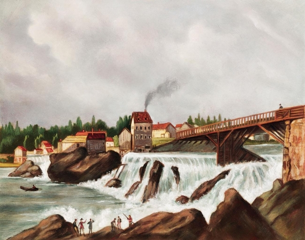 <strong> This image of Samuel Slater's mill illustrates that early factories in New England used for spinning cotton .</strong> A) were large imposing structures B) depended on water power C) greatly transformed the surrounding landscape D) relied on slave labor