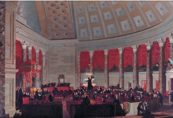 <strong> In Samuel Morse's painting The Old House of Representatives, what object symbolizes American technological progress?</strong> A) the elaborate dome B) the Roman columns C) the illuminated chandelier D) the multicolored stones found in each column