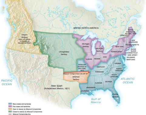   -The map indicates that the agreement reached by Congress through the Missouri Compromise . A)  made the entire Louisiana Purchase slave territory B)  outlawed slavery in the states of the former Northwest Territory C)  admitted Missouri as a slave state but forbade slavery in any future state D)  allowed slavery south of 36° 30 latitude in the Louisiana Territory but banned slavery in areas north of that line except for Missouri