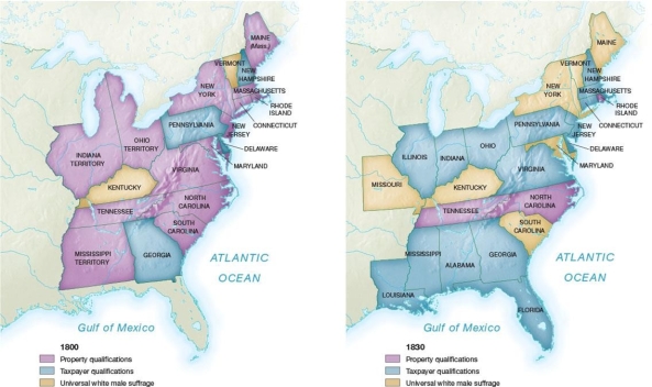   -These maps showing data from 1800 and 1830 reveal that, in this 30-year period, democracy in America . A)  remained stagnant because of the requirement to own property B)  expanded due to universal white male suffrage C)  grew because of suffrage extended to African Americans and Indians D)  declined as stricter property-owning requirements were adopted by newer states