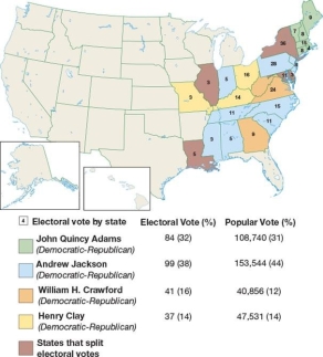   -What theme was evident in this map as shown by the number of popular and electoral votes cast in the 1824 presidential election? A)  an appeal to the economic interests of working men B)  a desire to return to the republican values of the Founding Fathers C)  an apparent rejection of the elite in favor of the common man as a leader D)  the supremacy of propertied interests