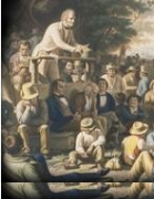     -How does the image of Daniel Webster on the right contrast to that of the stump speaker on the left? A)  Webster is portrayed as a shady character, while the stump speaker reflects enlightenment. B)  Webster speaks for states' rights, while the stump speaker promotes a strong union. C)  Webster stands as a model of virtue, while the stump speaker bends to the will of the people. D)  Webster speaks for the common man, while the stump speaker represents aristocrats.