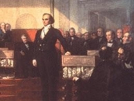     -How does the image of Daniel Webster on the right contrast to that of the stump speaker on the left? A)  Webster is portrayed as a shady character, while the stump speaker reflects enlightenment. B)  Webster speaks for states' rights, while the stump speaker promotes a strong union. C)  Webster stands as a model of virtue, while the stump speaker bends to the will of the people. D)  Webster speaks for the common man, while the stump speaker represents aristocrats.