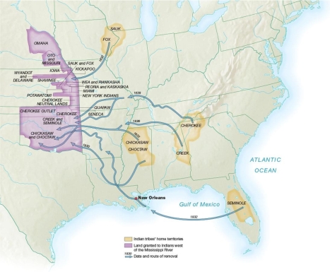   -This map addressing the Indian removal issues of the 1830s suggests that . A)  President Jackson disregarded Chief Justice Marshall's decision in Worchester v. Georgia B)  the affected tribes moved exclusively through land routes to reach their new lands C)  Indian removal was limited to the  Five Civilized Tribes  D)  Indian removal for all affected tribes took place simultaneously