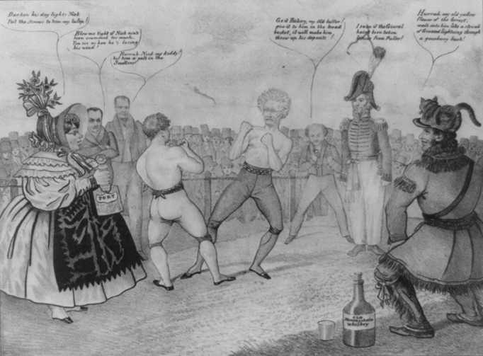   -What was the main reason why some of the bystanders, such as Mother Bank on the left and the frontiersman on the right, were included in the lithograph Set To Between Old Hickory and Bully Nick? A)  to show that boxing was a popular spectator sport in 1830s America B)  to contrast Jacksonian democracy with the aristocratic bank C)  to highlight the fact that alcoholic beverages were popular with all social groups D)  to represent the interests of the East and West