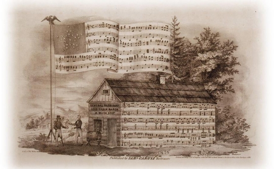   -How does this page of sheet music associating the symbols of a log cabin and a barrel of hard cider to William Henry Harrison during the campaign of 1840 contradict Harrison's background and lifestyle? A)  Harrison was a long-time politician who lived in Washington, D. C., for most of his adult life. B)  Harrison was a strong believer in temperance and did not imbibe liquor. C)  Harrison was born and lived in an urban setting all his life. D)  Harrison was a well-educated member of the elite Virginia planter class.