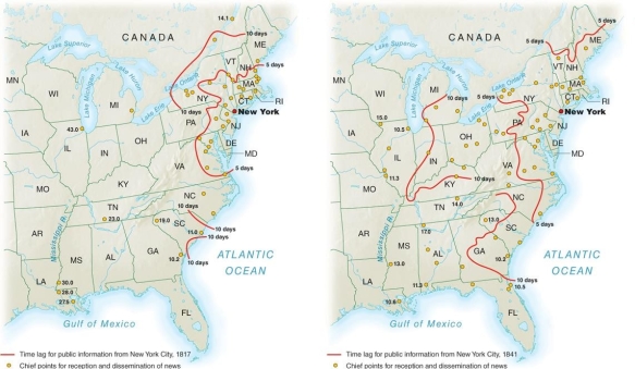   -The improvements in communication that took place between 1817 and 1841 as shown on this map were largely due to . A)  Indian removal from the South and West B)  national dependence on Southern cash crops C)  improvements in transportation D)  development of factories in New England and the mid-Atlantic