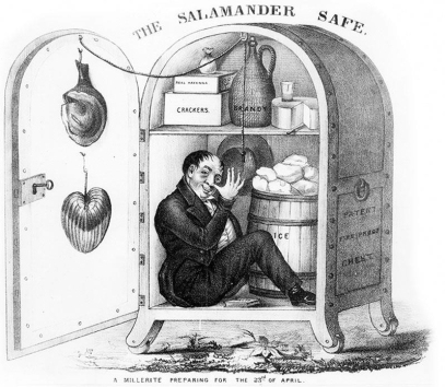 <strong> What popular attitude toward the Millerite movement is reflected in this illustration?</strong> A) admiration for preparing for the apocalypse B) criticism of its inclination to isolate each other from society C) mockery of its expectation of the apocalypse D) ridicule of the group's excessive thrift