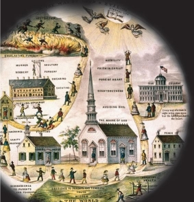 <strong> The board game The Mansion of Happiness, which is pictured on the right, was similar to the lithograph The Way of Good and Evil that is on the left in that both shared .</strong> A) a spiral design to symbolize the twists and turns of life B) a strong opposition to organized religion C) concerns about the economic changes of the market economy D) the idea that life was a journey along a path of piety and sin