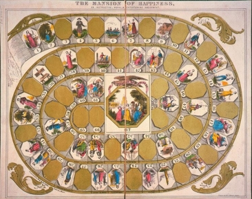 <strong> The board game The Mansion of Happiness, which is pictured on the right, was similar to the lithograph The Way of Good and Evil that is on the left in that both shared .</strong> A) a spiral design to symbolize the twists and turns of life B) a strong opposition to organized religion C) concerns about the economic changes of the market economy D) the idea that life was a journey along a path of piety and sin