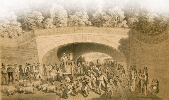   -As seen in this image, roads running through New York City's Central Park were intentionally sunk below the line of sight in order to . A)  accommodate new modes of transportation developed during the market economy B)  maintain the park's country-like setting C)  imitate the type of roads used in modern European communities D)  establish escape routes from the park in cases of emergencies
