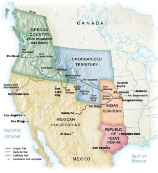   -This map shows that the most common way for Americans to get to the Pacific coasts of California and the Oregon Country from the Midwest during the era of Manifest Destiny was A)  by sailing around South America to San Francisco B)  along the Oregon Trail C)  along the Santa Fe Trail D)  along the California Trail