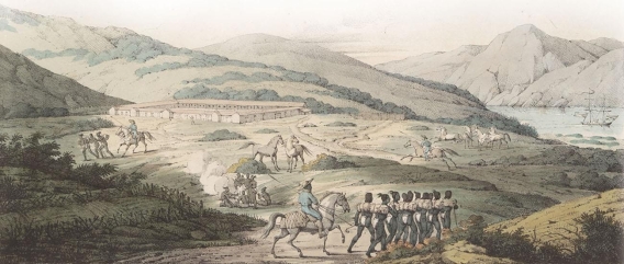   -What type of relationship between the Spaniards in California and the Native Americans of that region existed as shown in this 1816 painting of the presidio in San Francisco? A)  collaborative B)  belligerent C)  exploitative D)  amicable