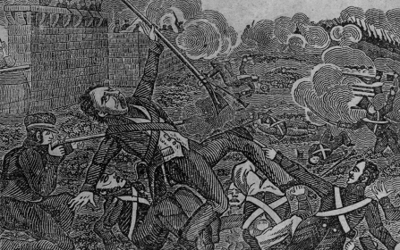 <strong> How is Davy Crockett portrayed in this crude woodcut depicting his death at the Alamo?</strong> A) as a coward running away to evade capture B) as a hero and martyr for freedom C) as a member of the rank and file forces at the Alamo D) as an ally of the Mexican forces