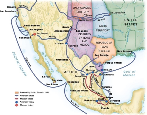 <strong> What conclusion about the United States military plan to defeat Mexico can be surmised from this map?</strong> A) The United States planned to contain the war to the disputed territory between Mexico and Texas. B) The fall of Mexico City was contingent on Taylor's land invasion from the north. C) The United States depended on a primary strategy of naval warfare as its basis for success. D) The United States decided on a three-pronged attack on Mexico.