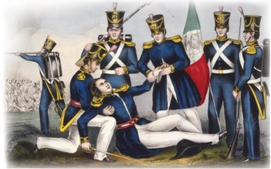     -How does Nathaniel Currier's lithograph on the right portraying the death of Colonel Henry Clay Jr. at the Battle of Buena Vista during the Mexican War differ from the daguerreotype on the left of Brigadier General John E. Wool and his staff in Saltillo, Mexico? A)  The lithograph attempts to portray events accurately, whereas the daguerreotype is simple propaganda. B)  The lithograph is inspirational, whereas the daguerreotype is realistic. C)  The lithograph was made for Clay's family, whereas the daguerreotype was distributed for public consumption. D)  The lithograph celebrates war, whereas the daguerreotype criticizes it.